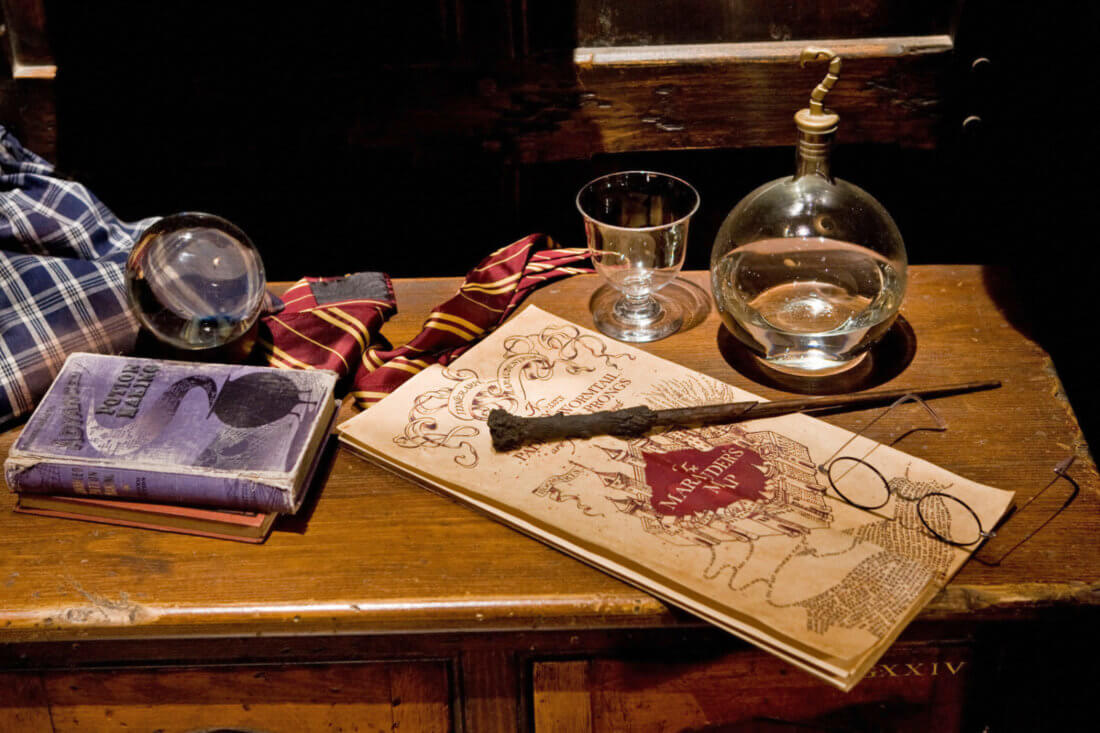 Varita y lentes de Harry Potter sobre el Mapa del Merodeador.